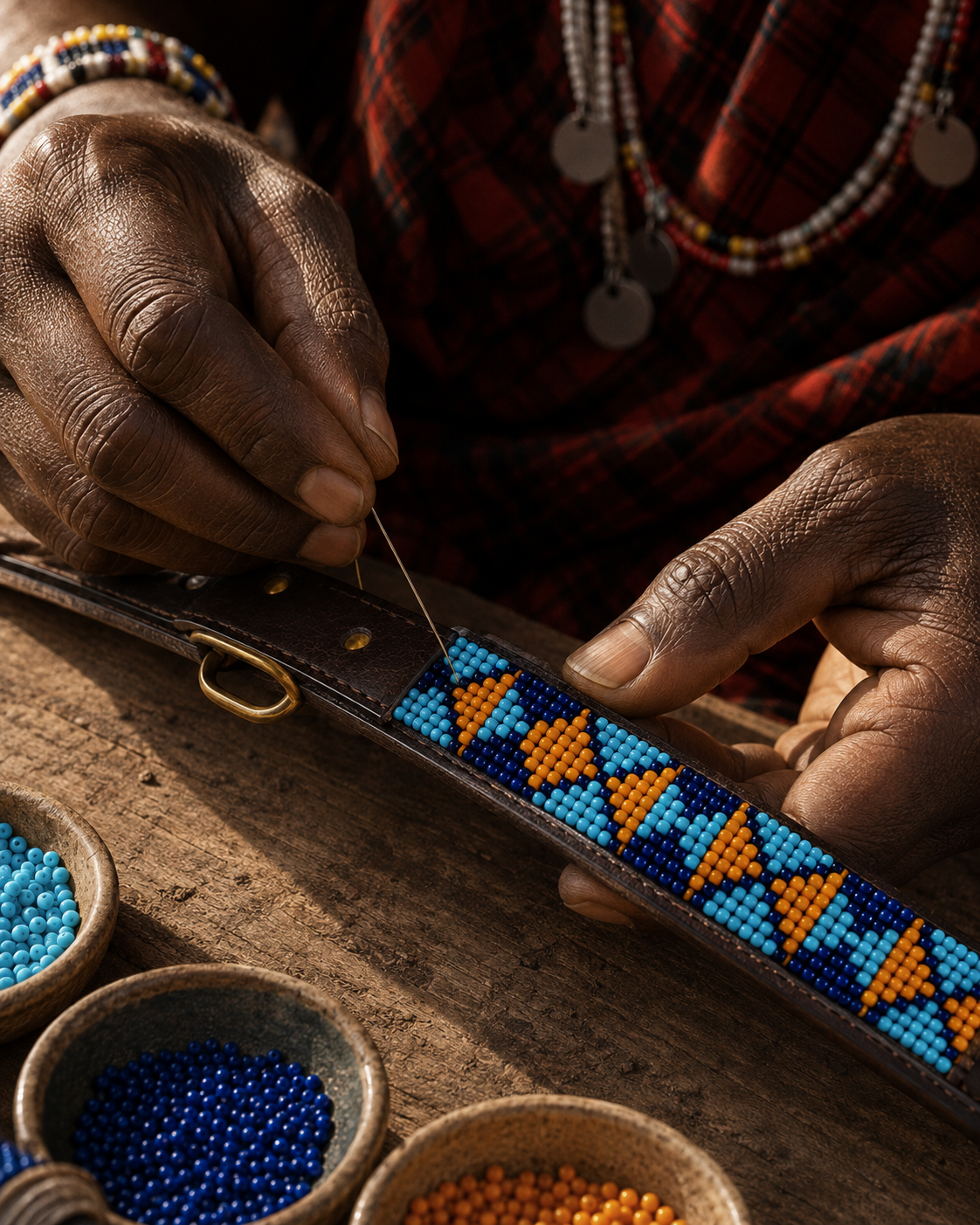 Artisan hands stitching turquoise, cobalt and amber beadwork onto the Savanna Bay leather dog collar