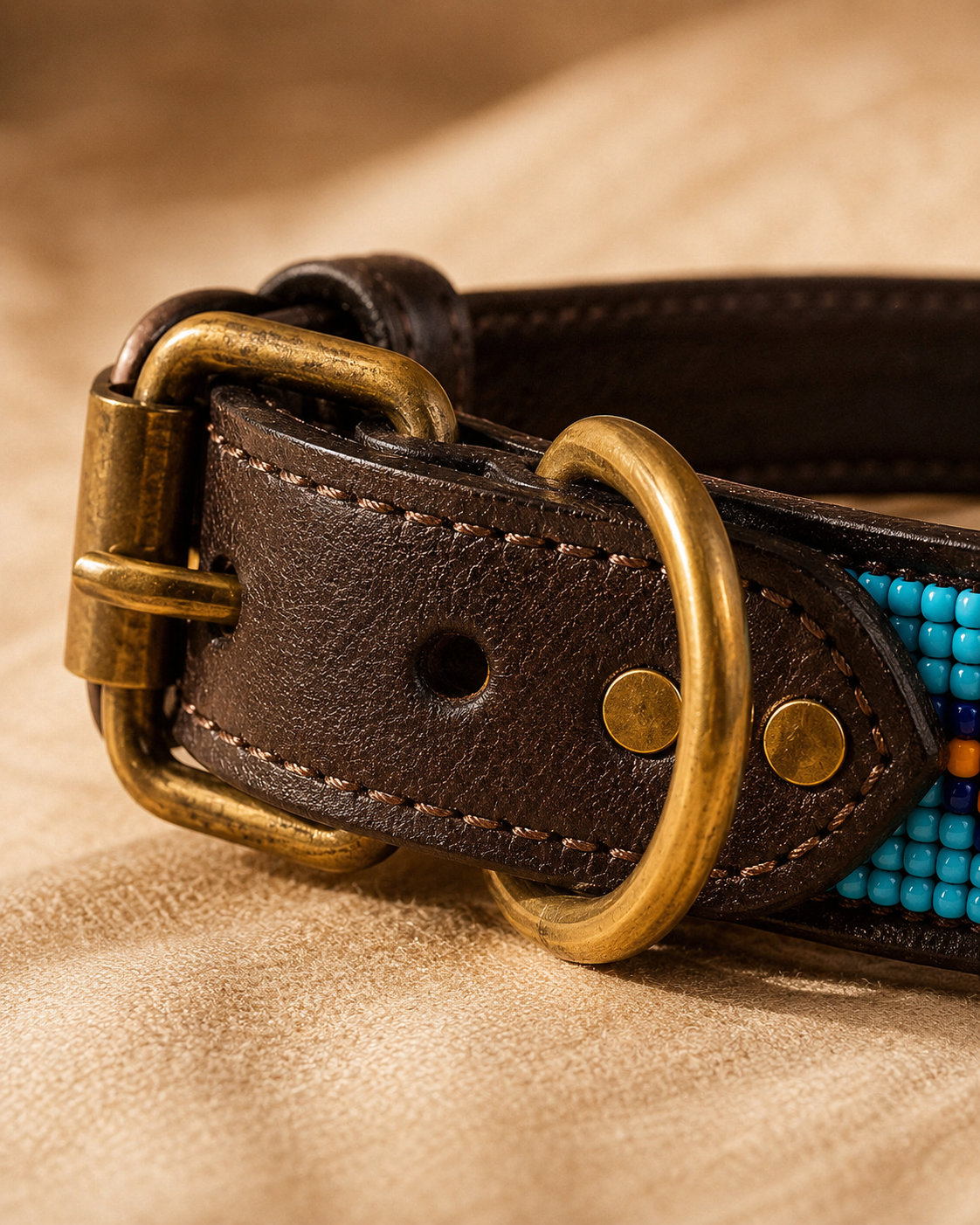 Close-up of genuine dark brown leather, stitching and antique brass hardware on the Savanna Bay dog collar