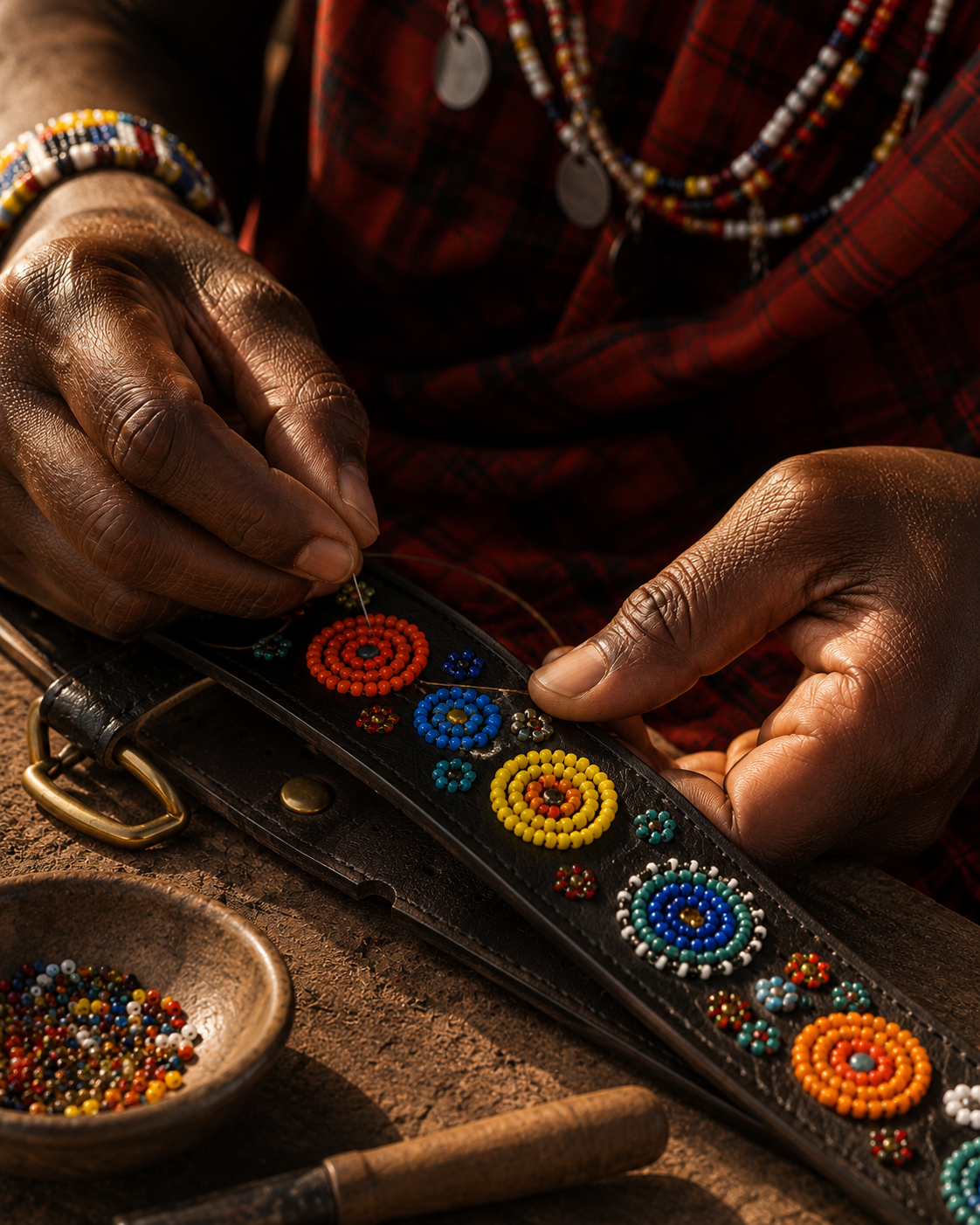 Artisan hands stitching multicolored floral beadwork onto the Savanna Bloom leather dog collar