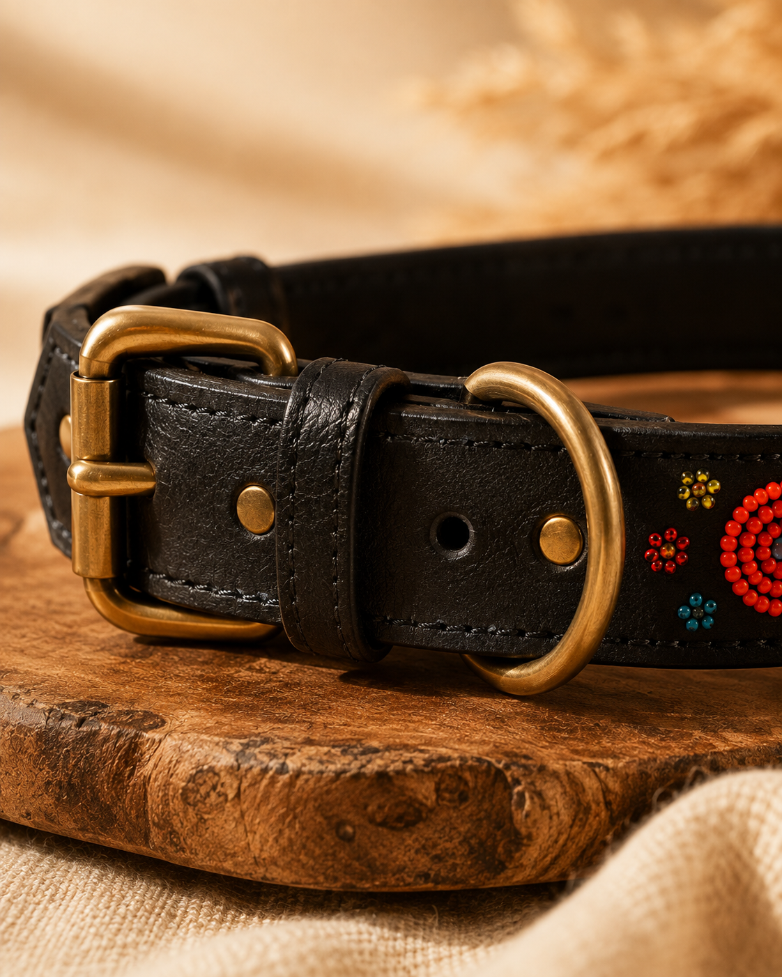 Close-up of black-brown leather and antique brass hardware on the Savanna Bloom dog collar
