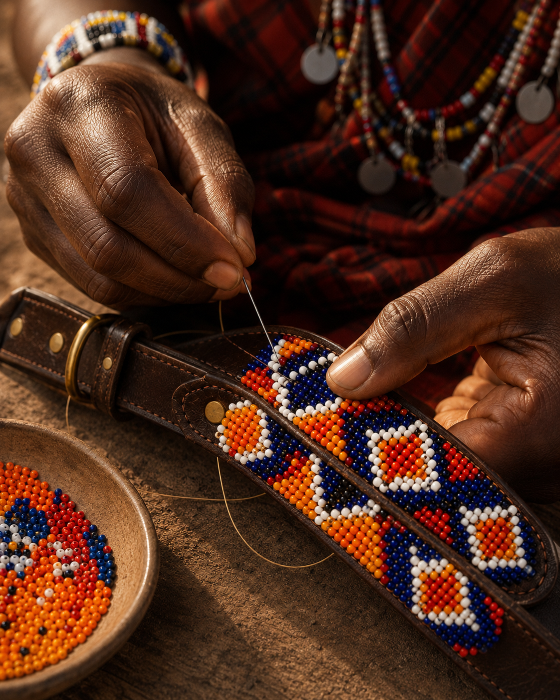 Artisan hands stitching orange, cobalt, white and red beadwork onto the Savanna Ember leather dog collar