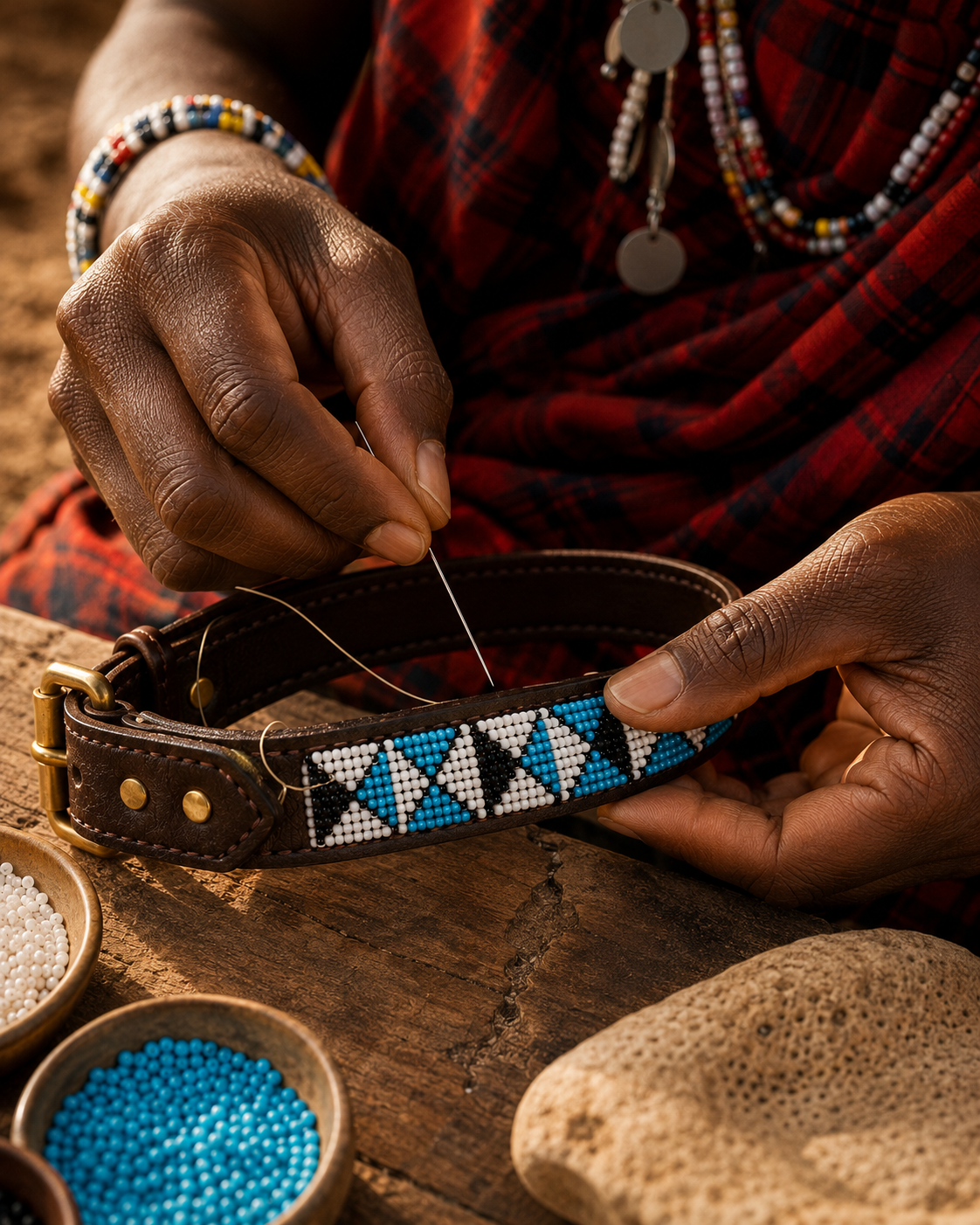 Artisan hands stitching turquoise, white and black beadwork onto the Savanna Lagoon leather dog collar