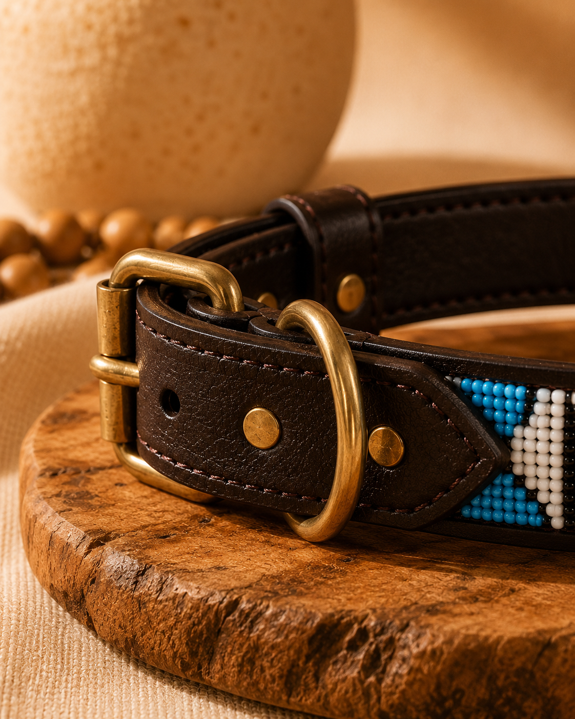 Close-up of dark brown leather and antique brass hardware on the Savanna Lagoon dog collar