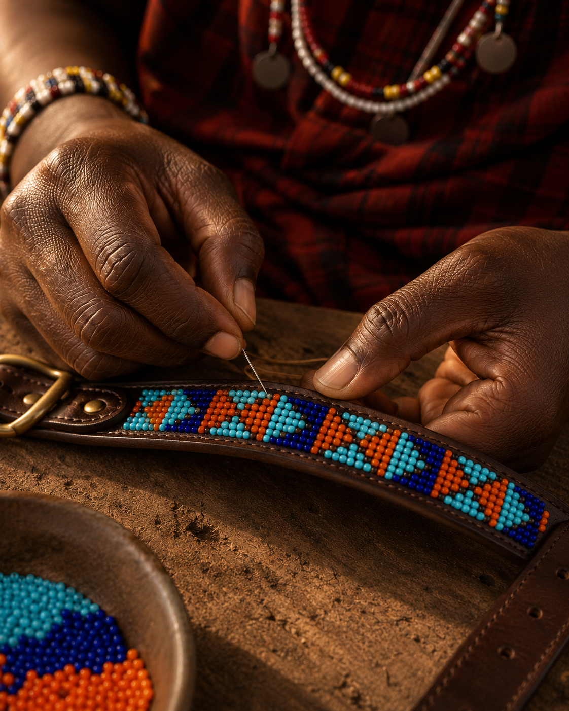 Artisan hands stitching turquoise, cobalt, orange and red beadwork onto the Savanna Reef leather dog collar