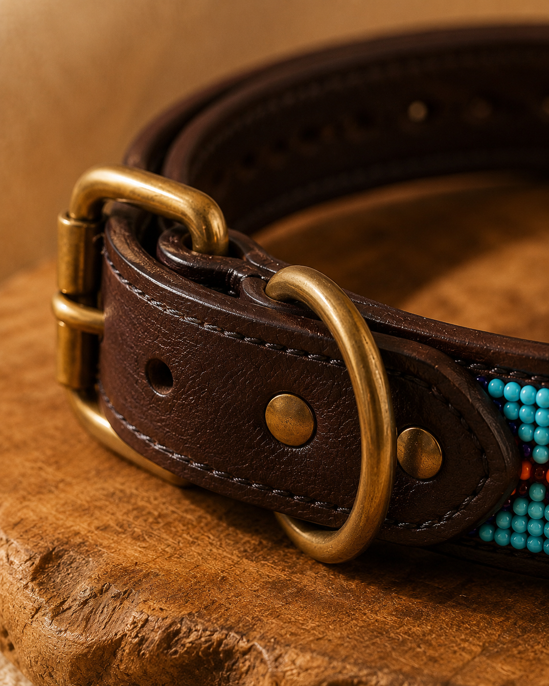 Close-up of dark brown leather and antique brass hardware on the Savanna Reef dog collar