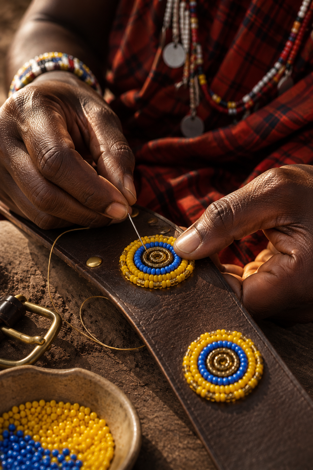 Artisan hands applying colorful beadwork to a leather piece