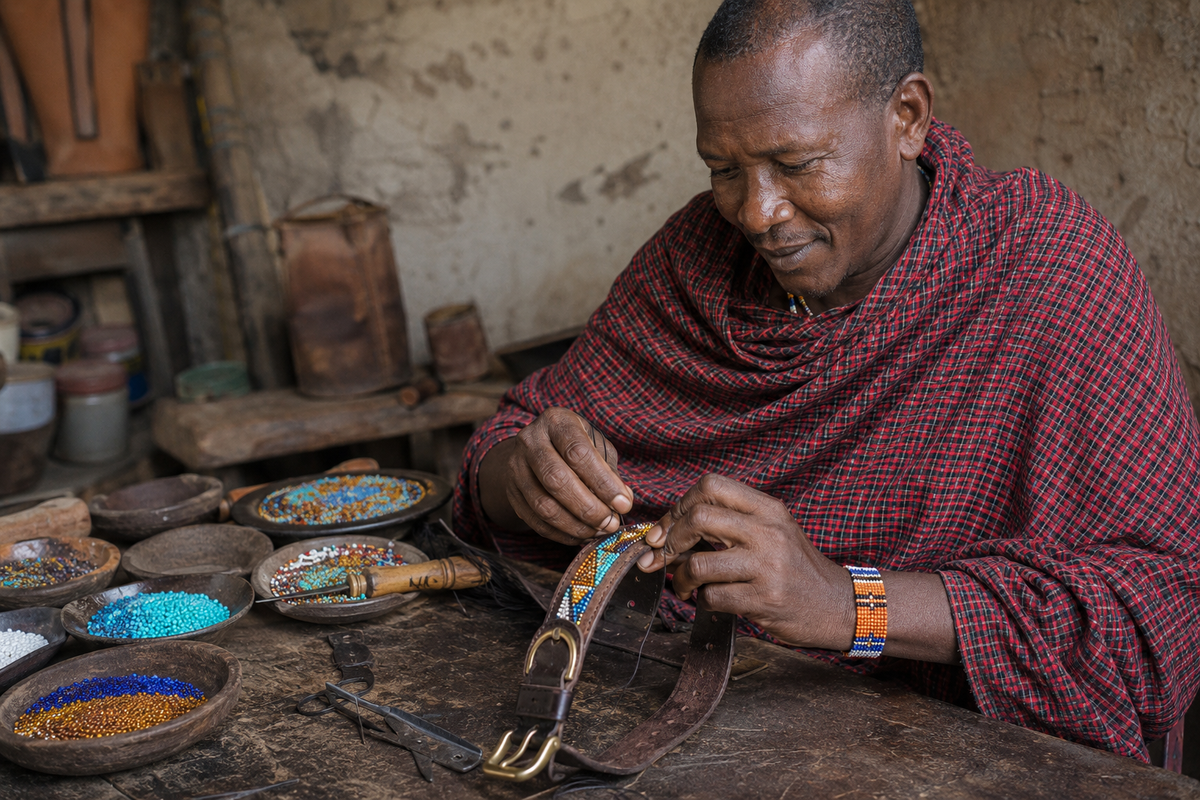 Hands carefully crafting colorful beadwork