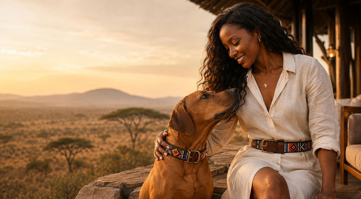 Woman and dog wearing matching hand-beaded leather accessories outdoors