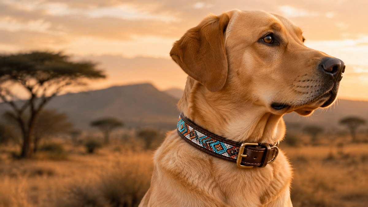 Golden Labrador wearing a hand-beaded leather collar in the savanna