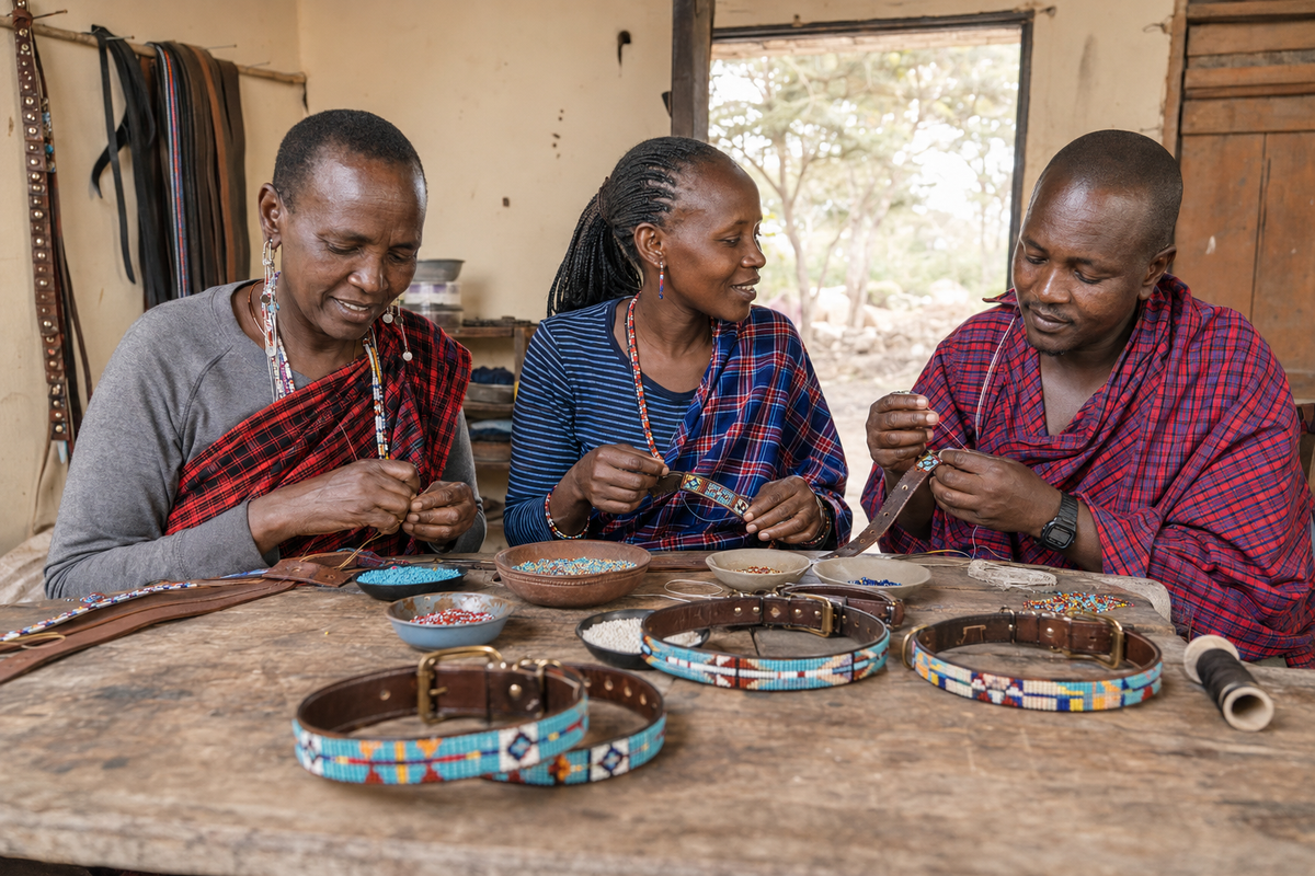Maasai artisans creating hand-beaded leather dog collars together