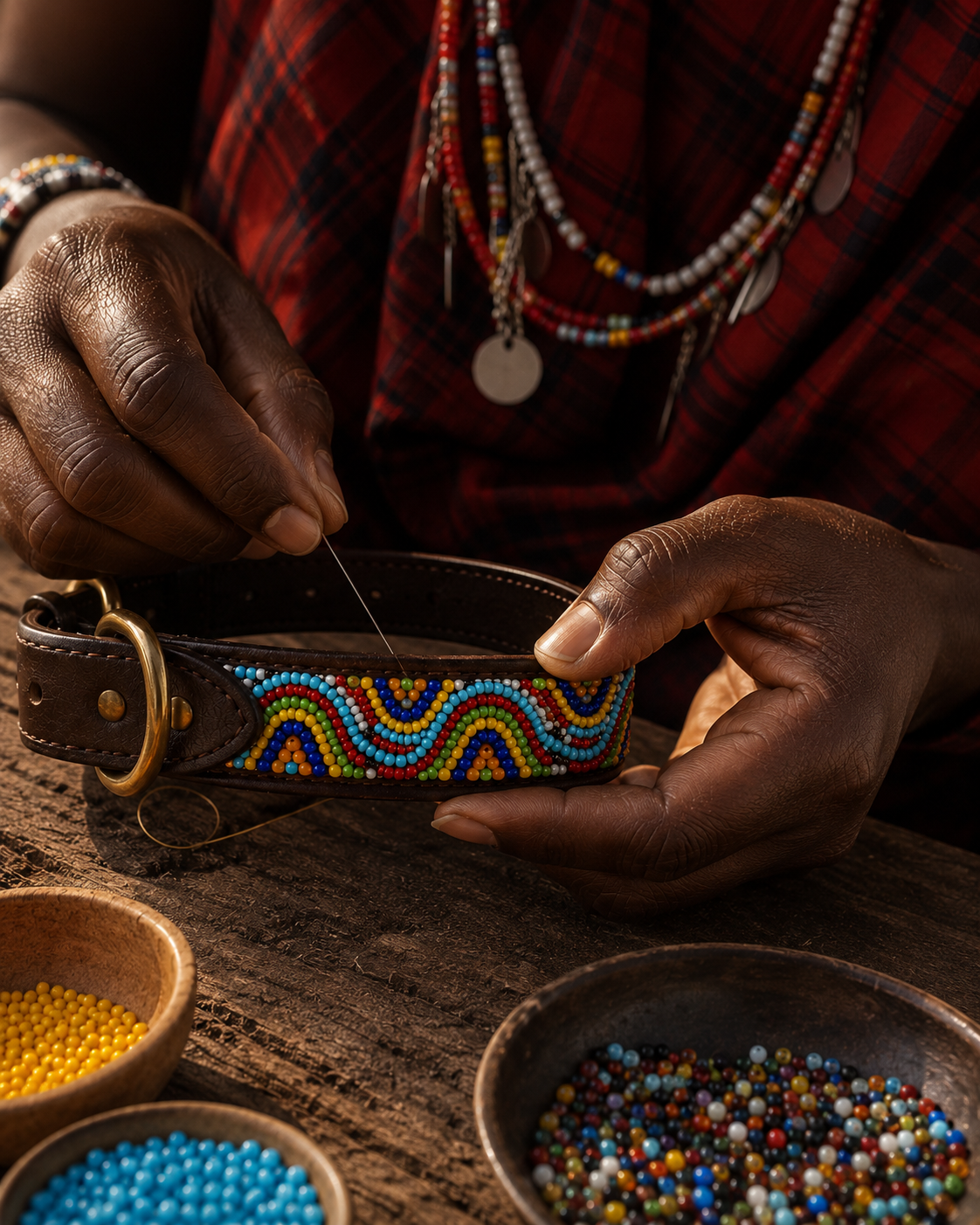 Artisan hands stitching multicolored flowing-wave beadwork onto the Savanna Tide leather dog collar