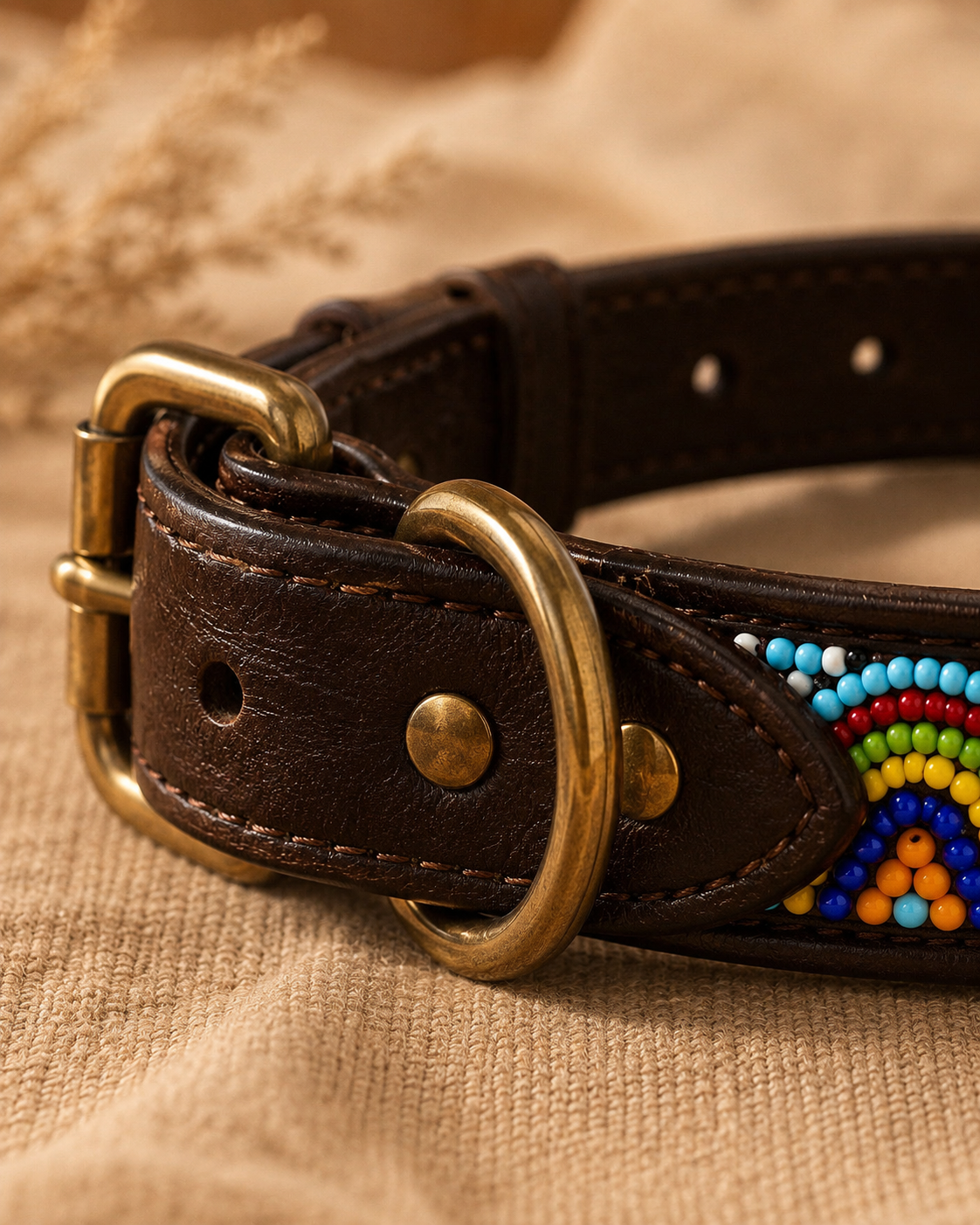 Close-up of dark brown leather and antique brass hardware on the Savanna Tide dog collar
